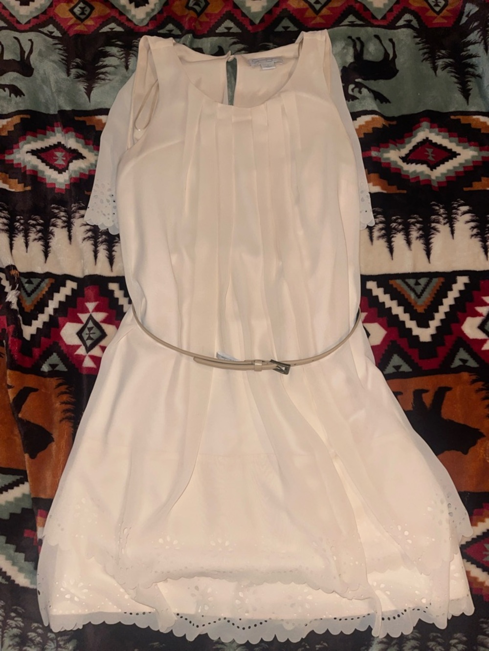 Jessica Simpson Cream Pleated Lace-Hem Dress with Belt